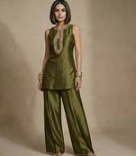 Olive green embroidered raw silk co ord set