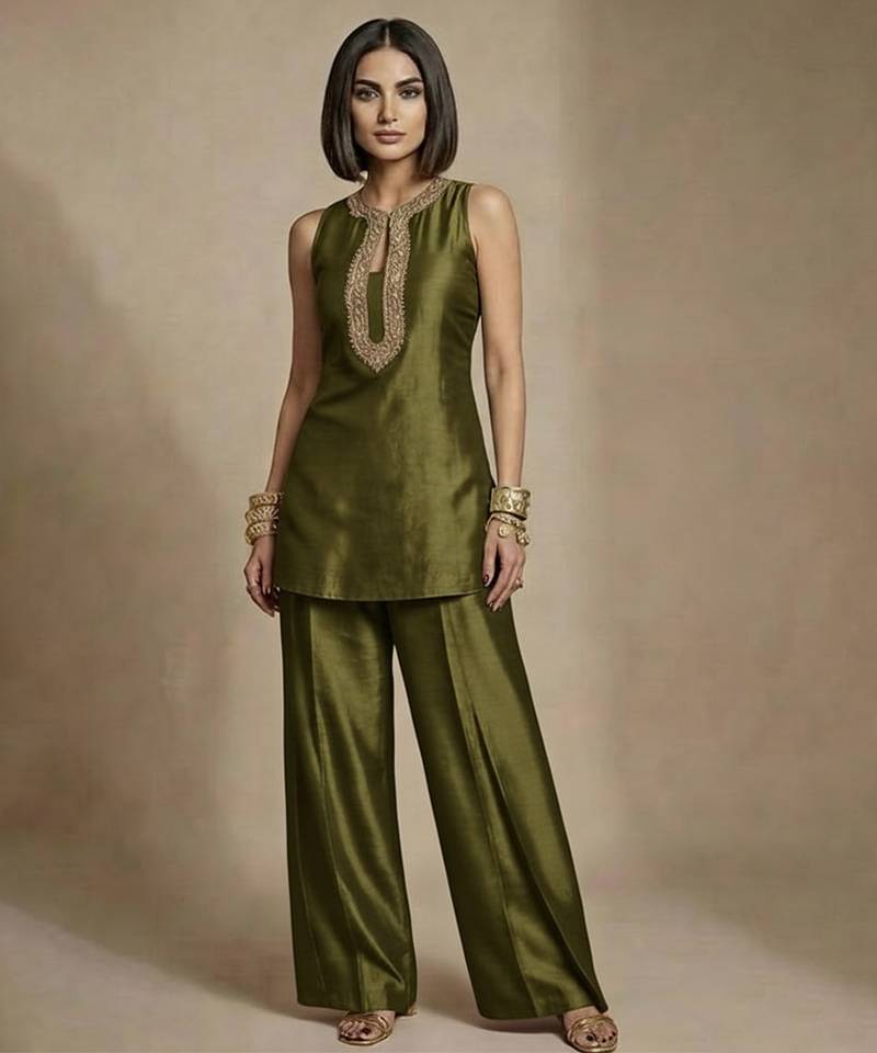 Olive green embroidered raw silk co ord set