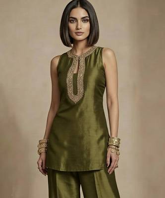 Olive green embroidered raw silk co ord set 2