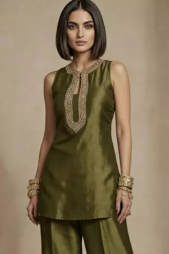 Olive green embroidered raw silk co ord set