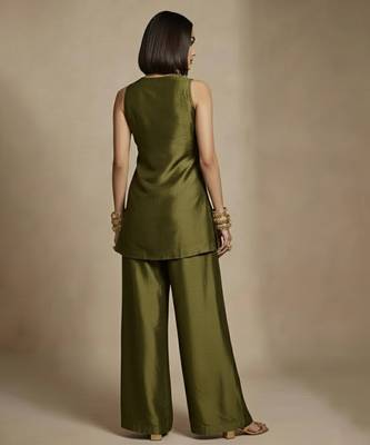 Olive green embroidered raw silk co ord set 3