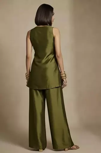 Olive green embroidered raw silk co ord set