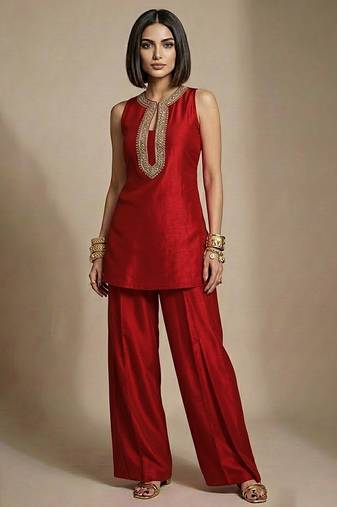 Red embroidered raw silk co ord set