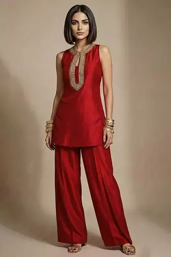 Red embroidered raw silk co ord set
