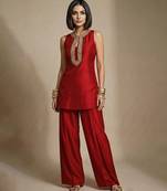Red embroidered raw silk co ord set