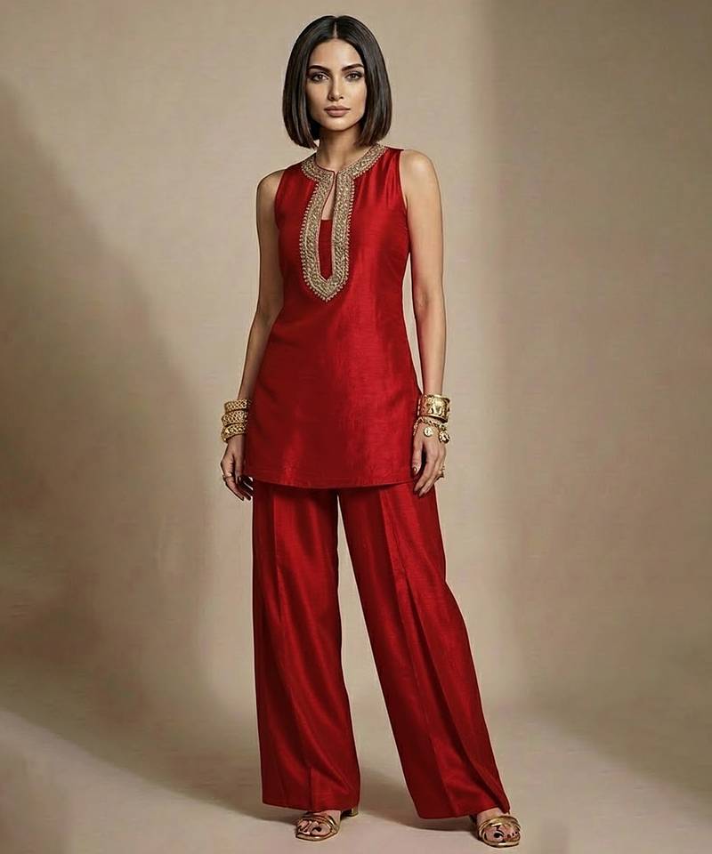 Red embroidered raw silk co ord set