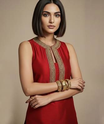 Red embroidered raw silk co ord set 2