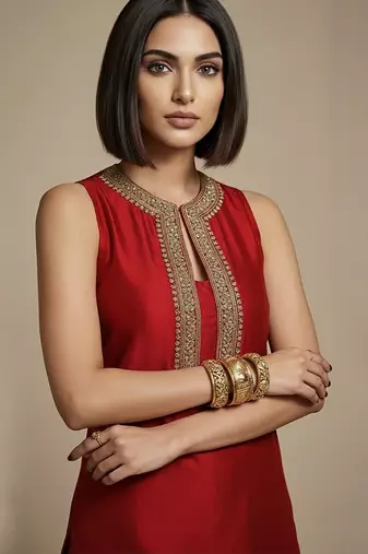 Red embroidered raw silk co ord set