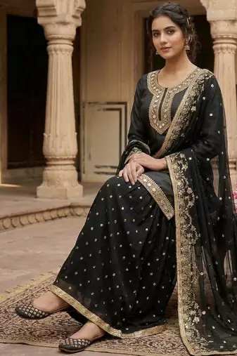 Heavy Malay Silk Sequence Work Black Lehenga Suit