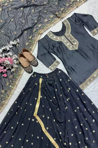 Heavy Malay Silk Sequence Work Black Lehenga Suit