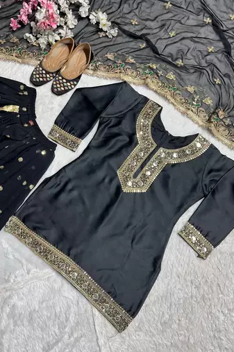 Heavy Malay Silk Sequence Work Black Lehenga Suit
