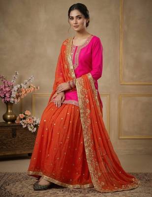 Heavy Malay Silk Sequence Work Pink With Orange Lehenga Suit 2