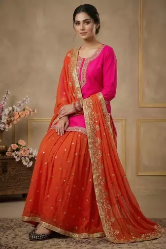 Heavy Malay Silk Sequence Work Pink With Orange Lehenga Suit