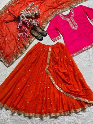 Heavy Malay Silk Sequence Work Pink With Orange Lehenga Suit 3