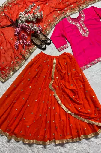 Heavy Malay Silk Sequence Work Pink With Orange Lehenga Suit