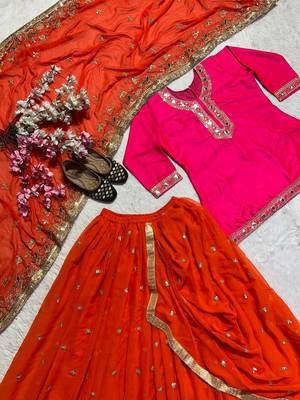 Heavy Malay Silk Sequence Work Pink With Orange Lehenga Suit 4