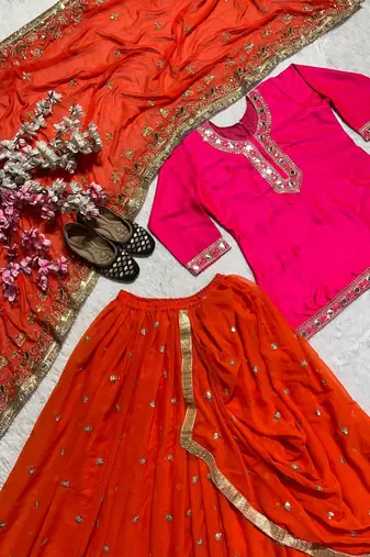 Heavy Malay Silk Sequence Work Pink With Orange Lehenga Suit