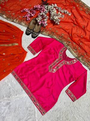 Heavy Malay Silk Sequence Work Pink With Orange Lehenga Suit 5