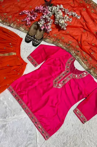 Heavy Malay Silk Sequence Work Pink With Orange Lehenga Suit