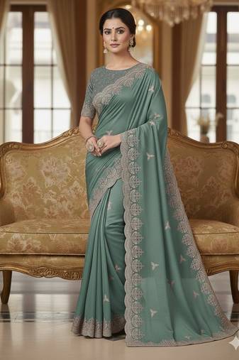 Beautiful Sequence Embroidered Georgette Women's Saree With Blouse Set 