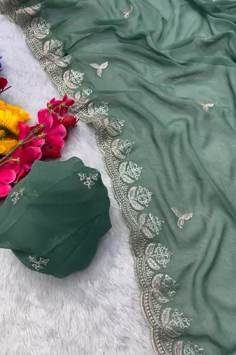 Beautiful Sequence Embroidered Georgette Women's Saree With Blouse Set 