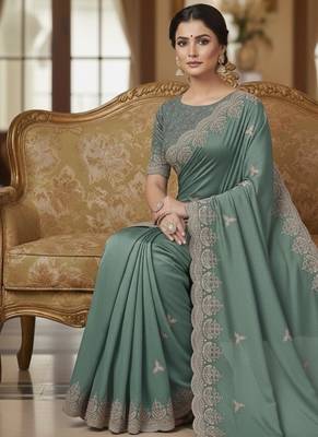 green georgette saree with sequin embroidery 2