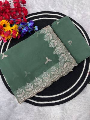green georgette saree with sequin embroidery 5
