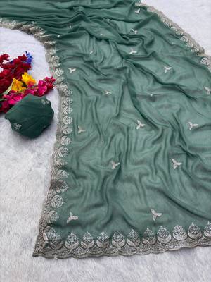 green georgette saree with sequin embroidery 6