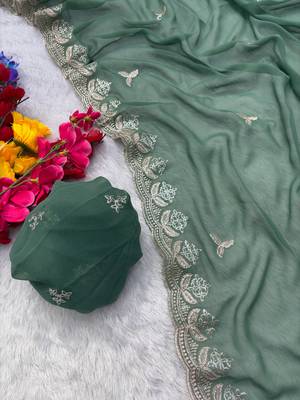 green georgette saree with sequin embroidery 7