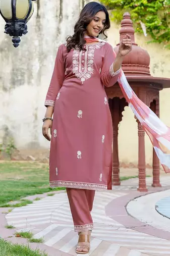 Onion pink women cotton embroidered kurti pant with organza printed dupatta set | ethnic wear suit set