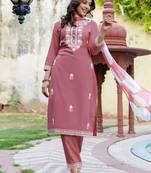Onion pink women cotton embroidered kurti pant with organza printed dupatta set | ethnic wear suit set