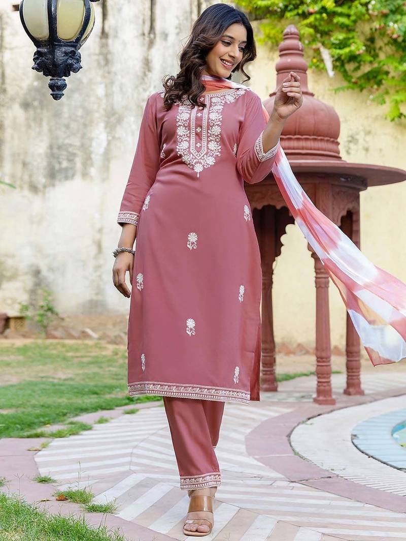 Onion pink women cotton embroidered kurti pant with organza printed dupatta set | ethnic wear suit set