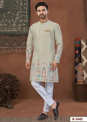 gray  classic sherwani set with daman flower booti computer amrodery work with less work, & fancy botton 1