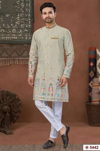 gray  classic sherwani set with daman flower booti computer amrodery work with less work, & fancy botton