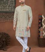 gray  classic sherwani set with daman flower booti computer amrodery work with less work, & fancy botton