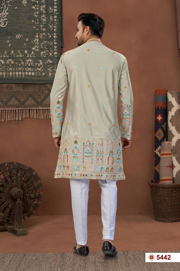 gray  classic sherwani set with daman flower booti computer amrodery work with less work, & fancy botton