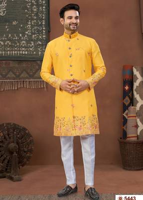 yellow  classic sherwani set with daman flower booti computer amrodery work with less work, & fancy botton 1