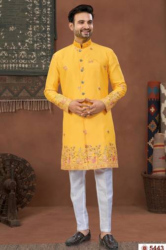 yellow  classic sherwani set with daman flower booti computer amrodery work with less work, & fancy botton