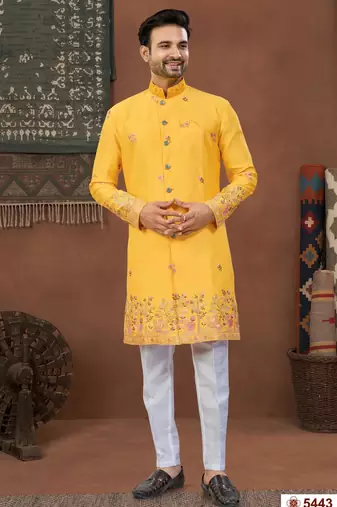 yellow  classic sherwani set with daman flower booti computer amrodery work with less work, & fancy botton