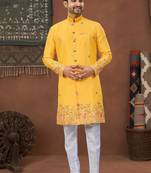 yellow  classic sherwani set with daman flower booti computer amrodery work with less work, & fancy botton