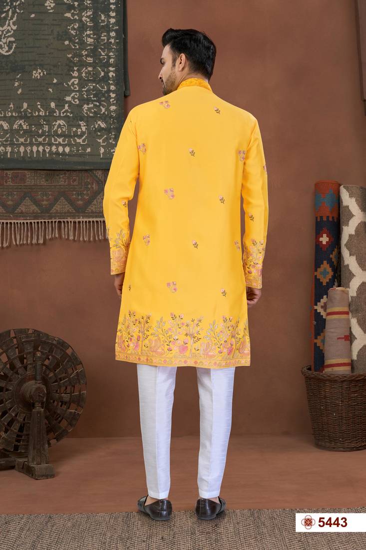 yellow  classic sherwani set with daman flower booti computer amrodery work with less work, & fancy botton
