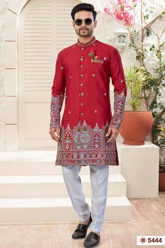 maroon  classic sherwani set with daman flower booti computer amrodery work with less work, & fancy botton