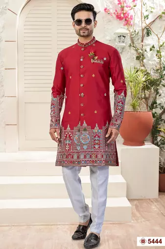 maroon  classic sherwani set with daman flower booti computer amrodery work with less work, & fancy botton