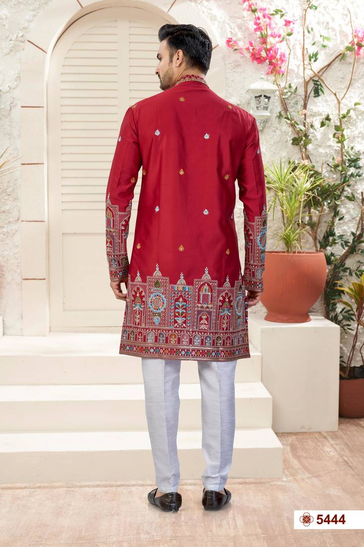 maroon  classic sherwani set with daman flower booti computer amrodery work with less work, & fancy botton