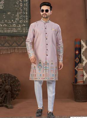 peach perple  classic sherwani set with daman flower booti computer amrodery work with less work, & fancy botton 1