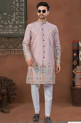 peach perple  classic sherwani set with daman flower booti computer amrodery work with less work, & fancy botton