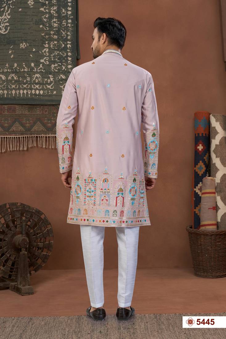 peach perple  classic sherwani set with daman flower booti computer amrodery work with less work, & fancy botton