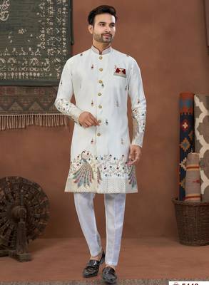 cream colour classic sherwani set with daman flower booti computer amrodery work with less work, & fancy botton 1