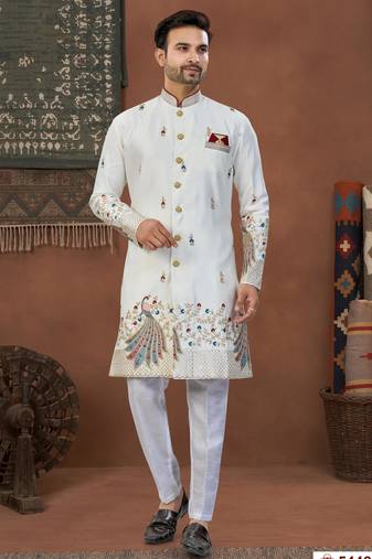 cream colour classic sherwani set with daman flower booti computer amrodery work with less work, & fancy botton