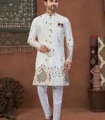 cream colour classic sherwani set with daman flower booti computer amrodery work with less work, & fancy botton